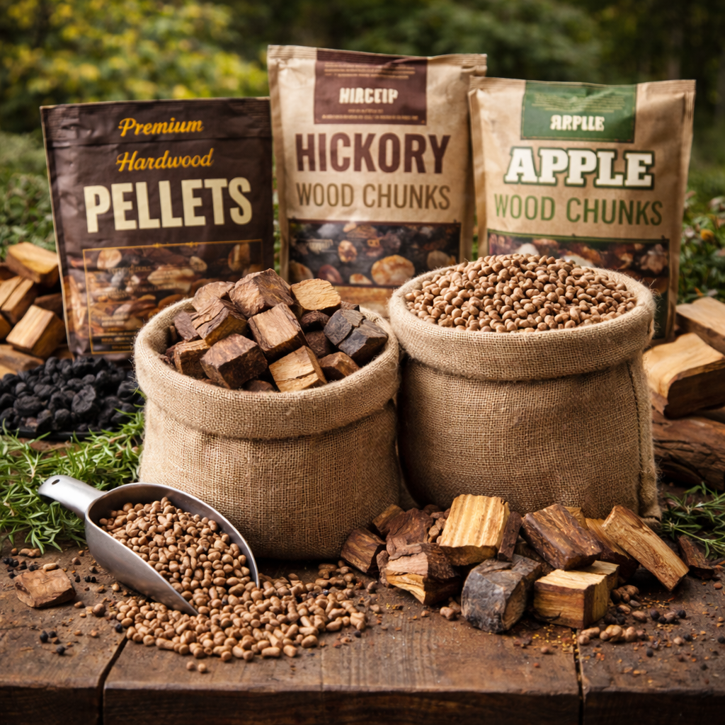 BBQ wood chunks and wood pellets
